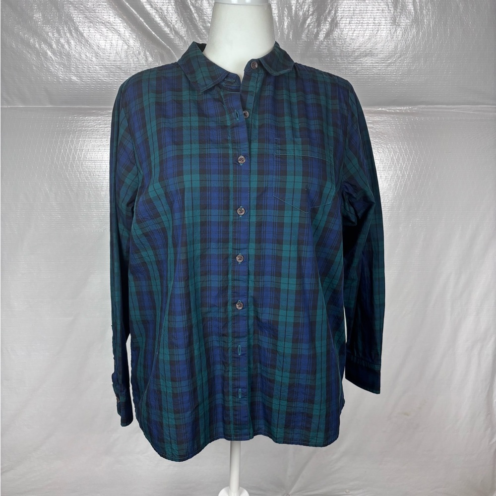 On 34th Plaid Button-Up Blouse · Teal / Navy / Green · 1X (Plus) · Soft Cotton